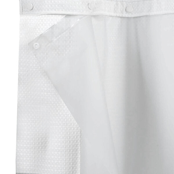 A white It's A Snap! shower curtain liner with magnets on the side.