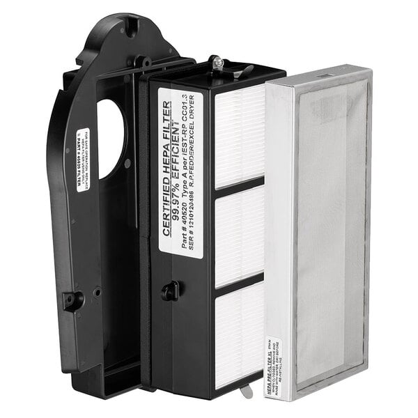 A close-up of a black and white Excel XLERATOR HEPA filter.