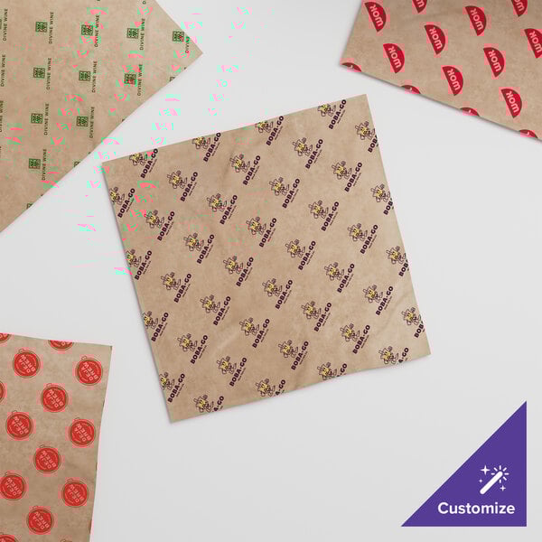 A 12-inch by 12-inch natural kraft customizable basket liner or deli wrap sheet.