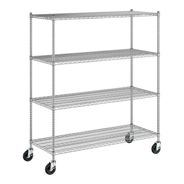 A Regency chrome wire shelving unit with wheels.