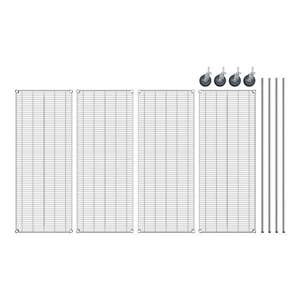 A group of metal grids and metal rods for a Regency wire shelving kit.