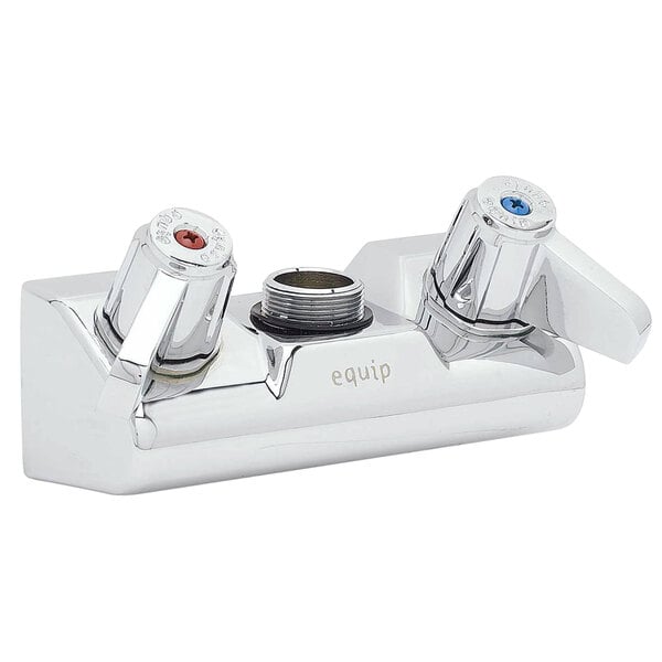 A chrome Equip by T&S wall mount faucet base with two swivel faucets and two handles.