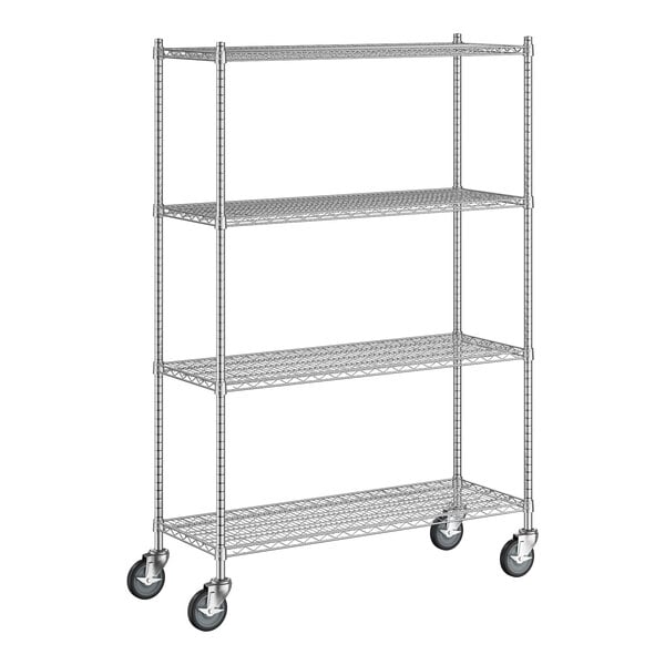 A Regency chrome wire shelving unit with wheels.