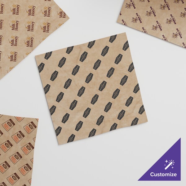 A customizable 15-inch by 15-inch natural kraft basket liner or deli wrap with printed designs.