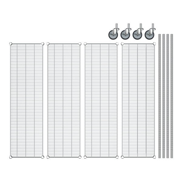 A row of chrome wire shelves with casters.