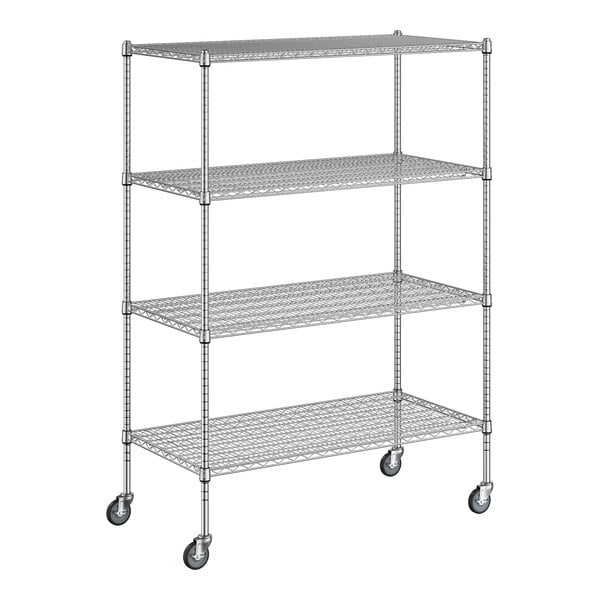 A wireframe of a Regency chrome metal shelving unit with four shelves.