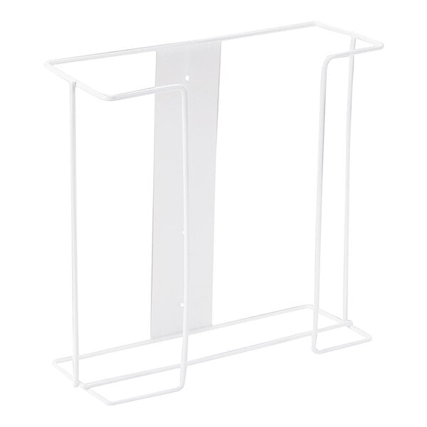 A white metal wire glove holder.