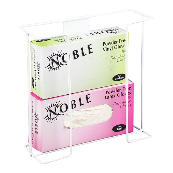 A white metal wire rack holding two boxes of Noble Products gloves.