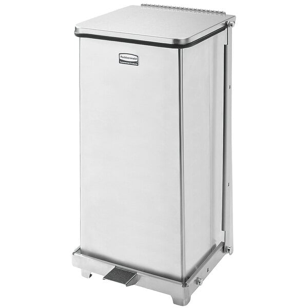 A white rectangular Rubbermaid stainless steel step can with a black lid.