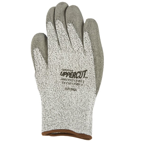 A close-up of a Cordova cut resistant glove with grey and white trim and a polyurethane palm coating.
