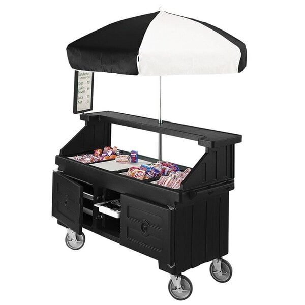 A black Cambro vending cart with a black and white umbrella.