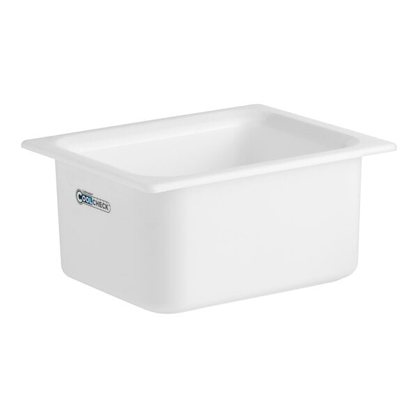 A white plastic Carlisle Coldmaster food pan.