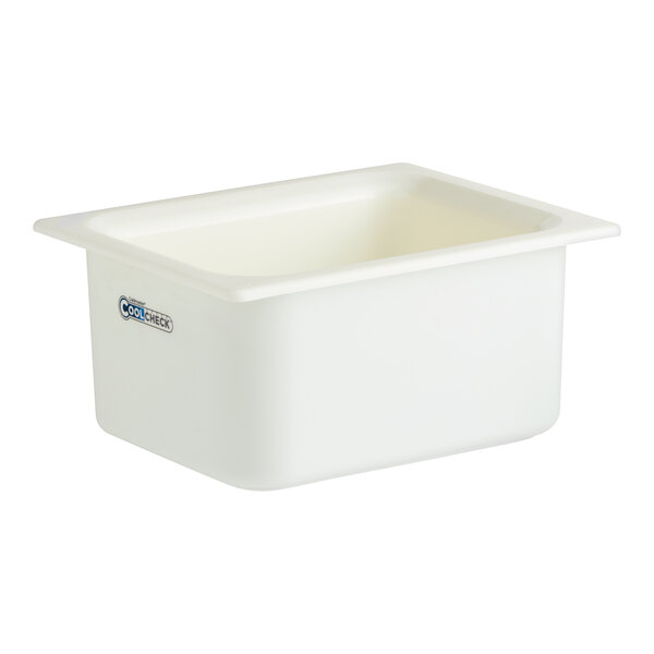 A white plastic Carlisle Coldmaster food pan with a lid.