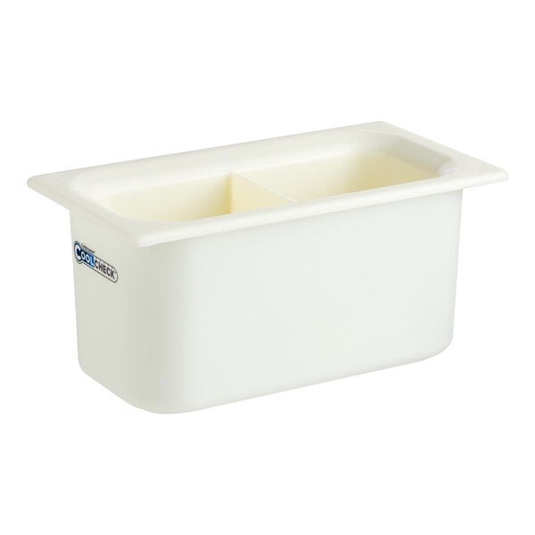 A white Carlisle plastic container with a divider.