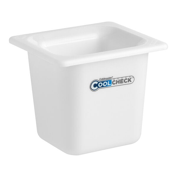 A white Carlisle Coldmaster food pan with the word "CoolCheck" on it.
