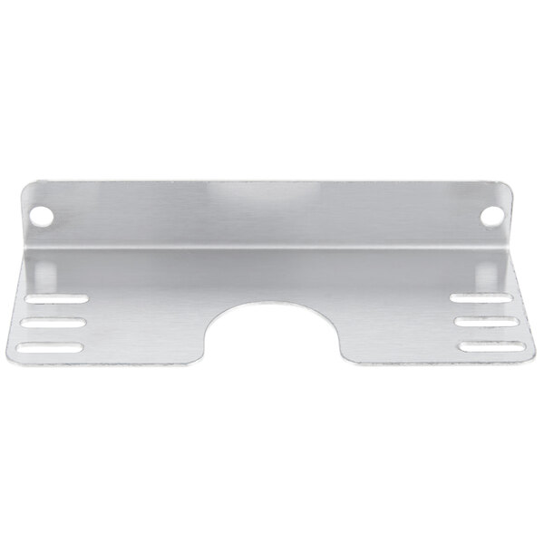 A close-up of a set of stainless steel Hatco angle brackets with holes.