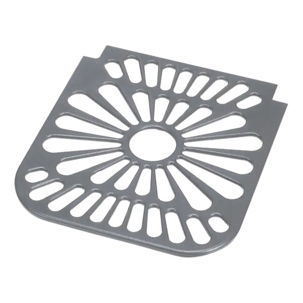 A grey metal circular grate with holes.