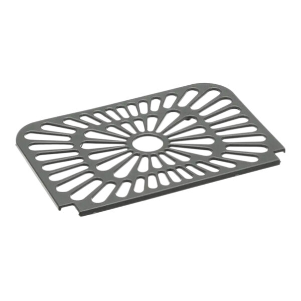 A grey plastic grate with a circular design and holes.