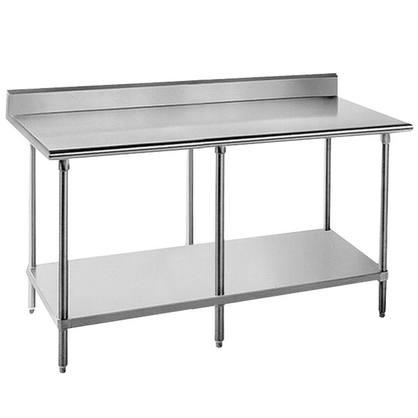 An Advance Tabco stainless steel work table with undershelf, backsplash, and work surface.