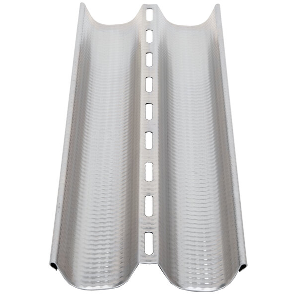 A metal sheet with 2 long compartments with holes in it.