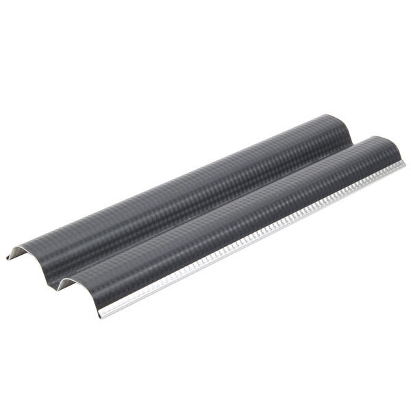 A black and white metal Matfer Bourgeat baguette pan with two long, narrow tubes.