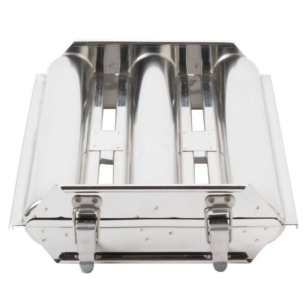 A Matfer Bourgeat stainless steel bread mold with three round compartments and two handles.