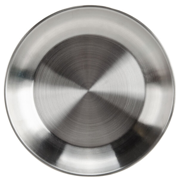 An American Metalcraft stainless steel circular tray with a circular pattern inside.