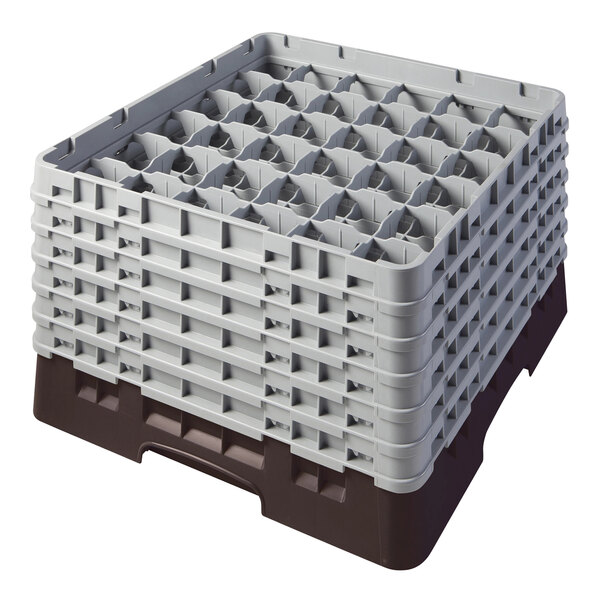 A brown plastic Cambro glass rack with extenders on a white background.