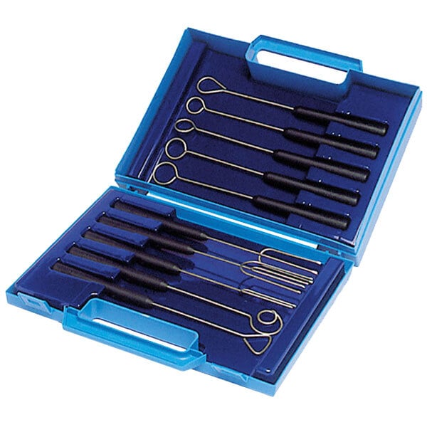 A blue plastic case with 10 Matfer Bourgeat chocolate dipping forks.