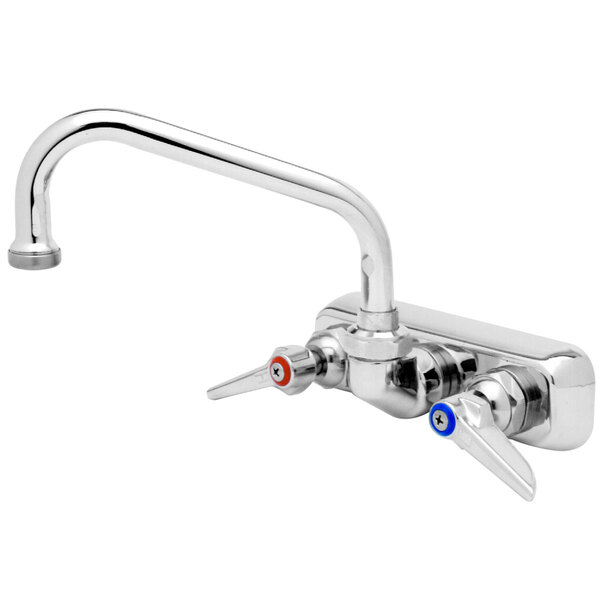 A chrome T&S wall mount faucet with two handles and a 12" swing nozzle.