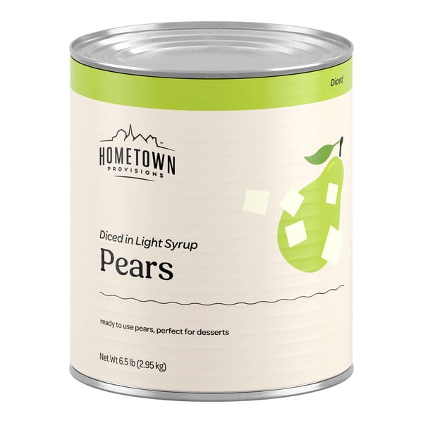 A large metal can with a green and white label featuring the text 'Hometown Provisions Diced in Light Syrup Pears' and an illustration of diced pears.
