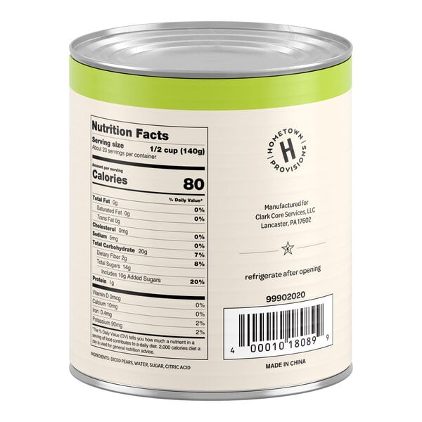 A can with a green stripe near the top, displaying nutrition facts, a barcode, and product information on a cream-colored label.