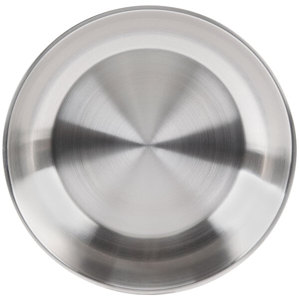 A close-up of a stainless steel circular seafood tray.