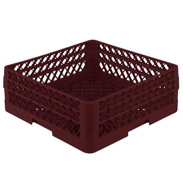 A red plastic Vollrath Traex dish rack with lattice design.