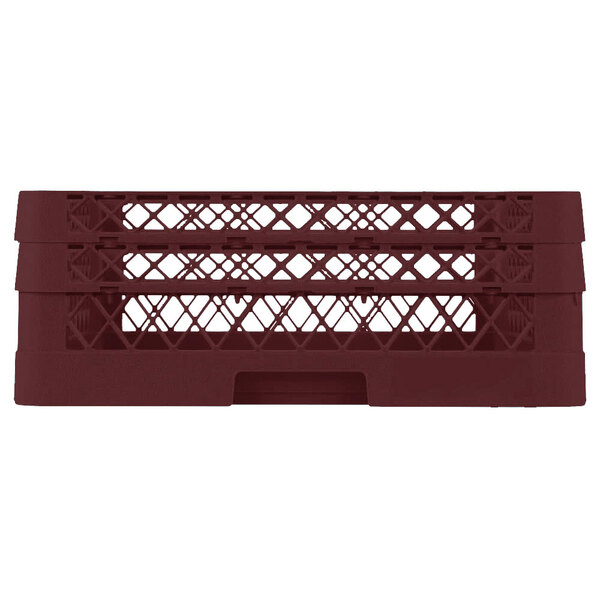 A Vollrath Traex burgundy plastic rack with extenders.