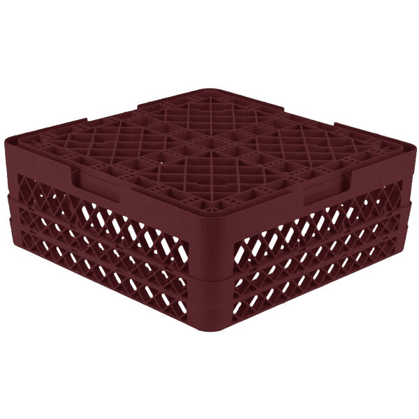 A burgundy plastic Vollrath Traex dish rack with holes.