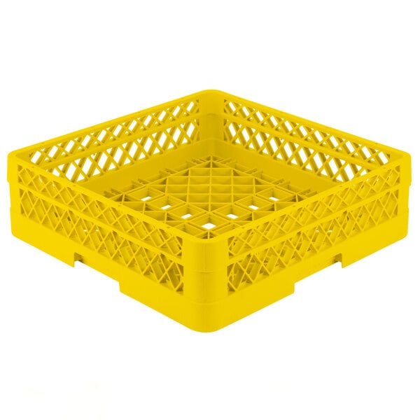 A Vollrath Traex yellow plastic dish rack with handle and holes.