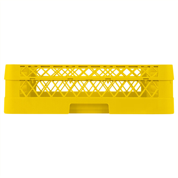 A yellow plastic rack with holes and a handle.