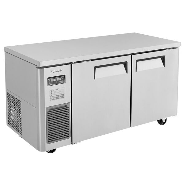 A Turbo Air stainless steel undercounter refrigerator and freezer with two doors.