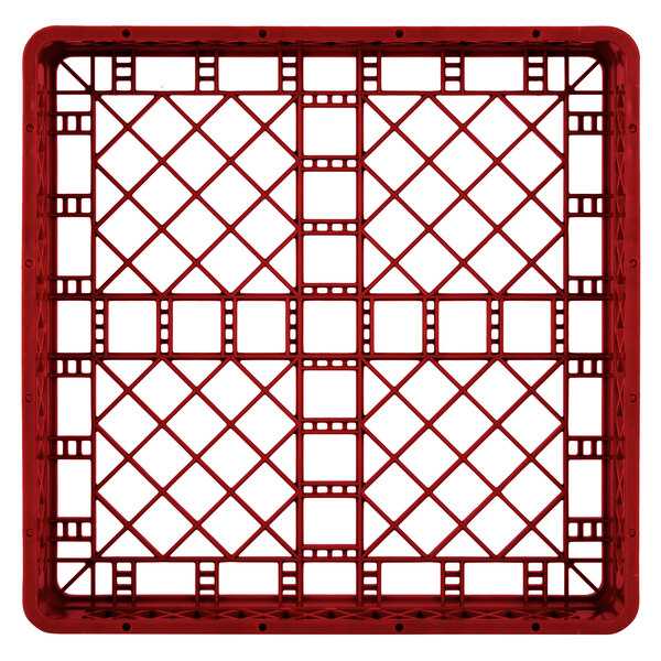 A Vollrath Traex red plastic dish rack with a grid pattern and holes.