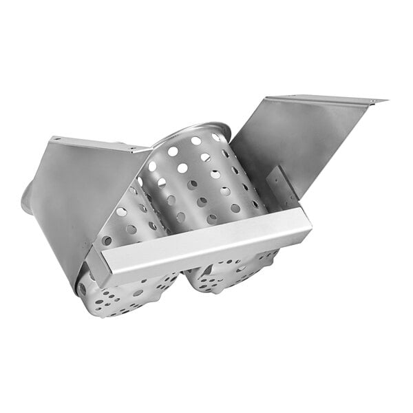 A Steril-Sil stainless steel flatware organizer with holes in it.