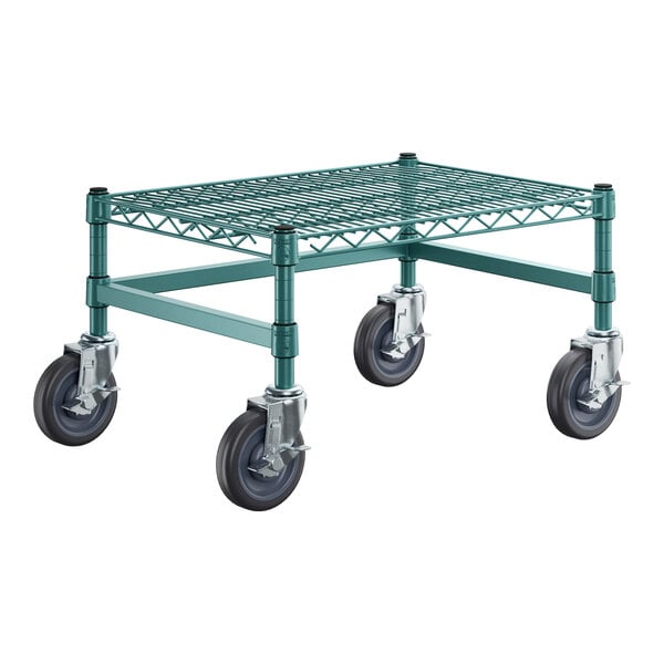 A green Regency epoxy coated metal dunnage rack with black wheels.