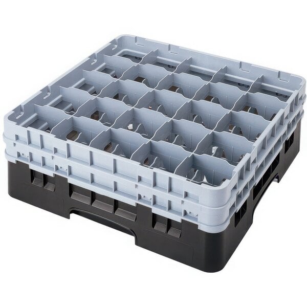 A black plastic Cambro glass rack with 25 compartments.