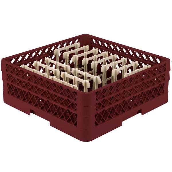 A burgundy Vollrath Traex peg rack with four compartments.