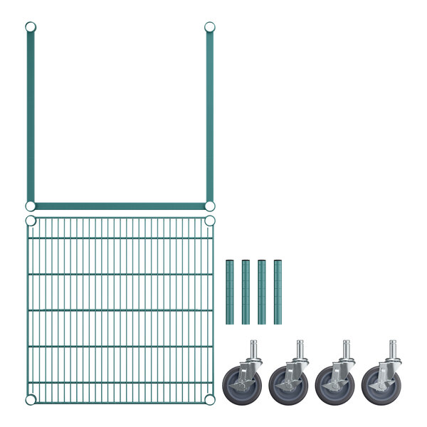 A green Regency wire dunnage rack with wheels.