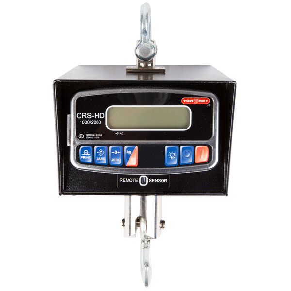 A Tor Rey digital crane scale with a black box, screen, and buttons.