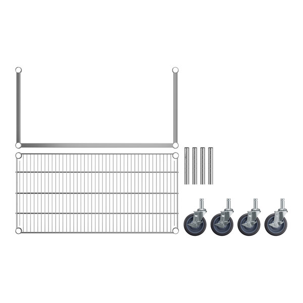 A Regency chrome-plated wire rack with wheels and metal bars.