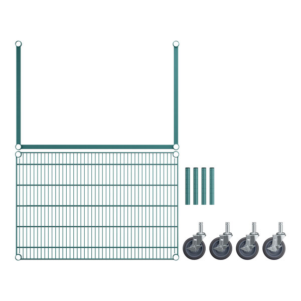 A green wire rack with tubular frame and casters.