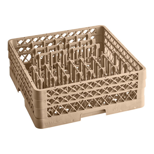 A beige plastic Vollrath dish rack with many holes.