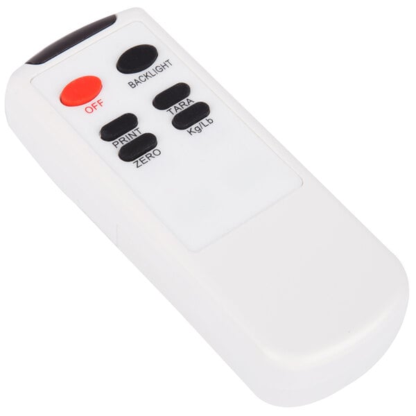 A white remote control with red buttons.